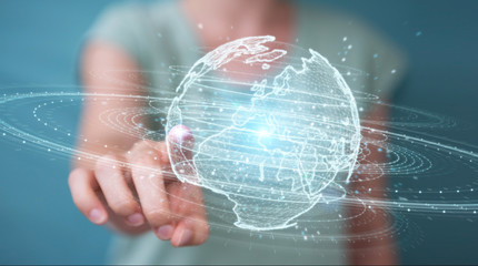 Businesswoman using globe network hologram with Europe map 3D rendering