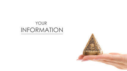 Small pyramid in female hand pattern on white background isolation