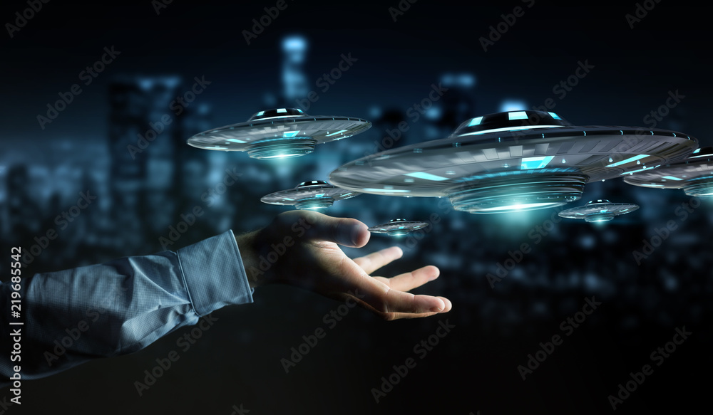 Poster businessman with retro ufo spaceship 3d rendering