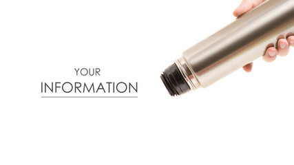 Thermos in hands pattern on white background isolation