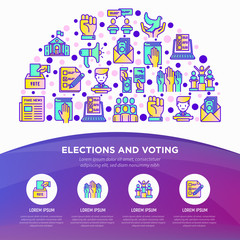 Election and voting concept in half circle with thin line icons: ballot box, inauguration, corruption, debate, president, political victory, propaganda. Vector illustration, print media template