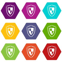 Shield icon set many color hexahedron isolated on white vector illustration