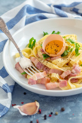 Pasta Carbonara with egg yolk and fork in the plate.