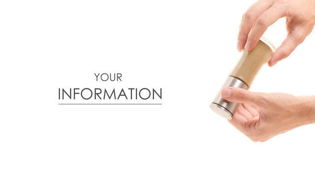 Pepper mill in hand pattern on white background isolation