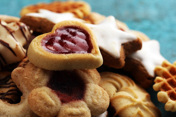 Mixed Christmas cookies. Colorful mix of Christmas-themed decorated cookies