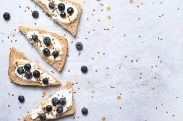 Blueberry Toast, Berries, Cream Cheese Flax Seed and Maple Syrup Dessert, Healthy Organic Meal
