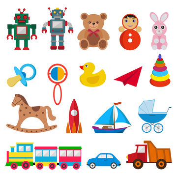 set of children`s toys on white background