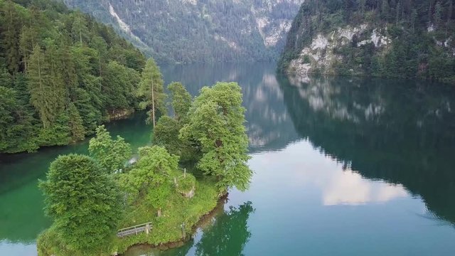 Beautiful view of the Konigsee lake near Jenner mount in Berchtesgaden National Park, Upper Bavarian Alps, Germany, Europe. Beauty of nature concept background aerial drone video
