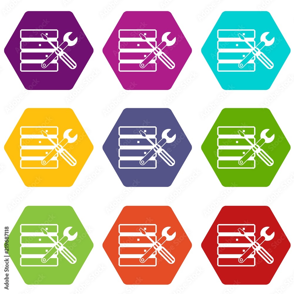 Poster database with screwdriverl and spanner icon set many color hexahedron isolated on white vector illus