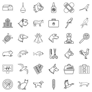 Veterinary icons set. Outline style of 36 veterinary vector icons for web isolated on white background