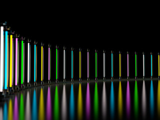 Lighting light lamp neon tubes glowing in dark room. 3D