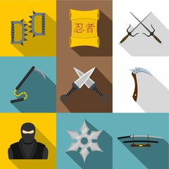 Obraz premium Ninja weapon icon set. Flat style set of 9 ninja weapon vector icons for web design