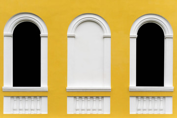 Three windows in the wall isolated on black, background design element