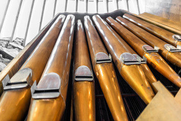 Deatil of the majestic organ in the rock church of Temppeliaukio in Helsinki - 2