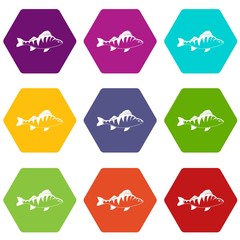 Fish icon set many color hexahedron isolated on white vector illustration