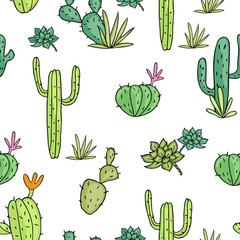 cactus seamless pattern of vector drawings on white background