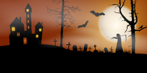 Naklejka premium Scary vector haloween landscape with haunted house, graveyard and a death with scythe in full moon.