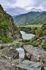 Fototapeta na wymiar Mountain creek under cliffs flowing into the Katun River in Altai mountains, Russia