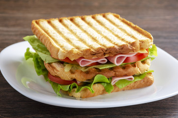 Close up of fresh sandwich with ham, bacon,tomatoes on white plate