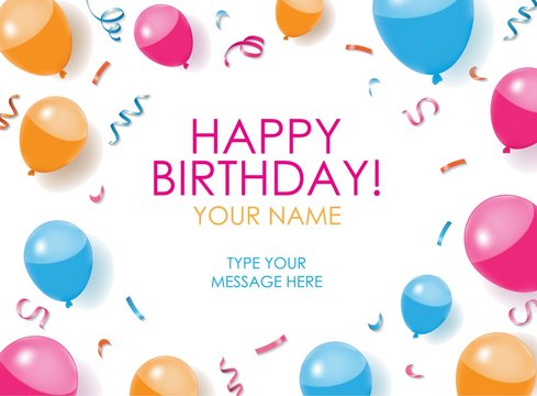 Happy Birthday Card with balloons, confettis, and white background. Editable poster. Vector