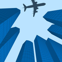 Fototapeta na wymiar Advertising of travel. City landscape. Plane over modern city. illustration