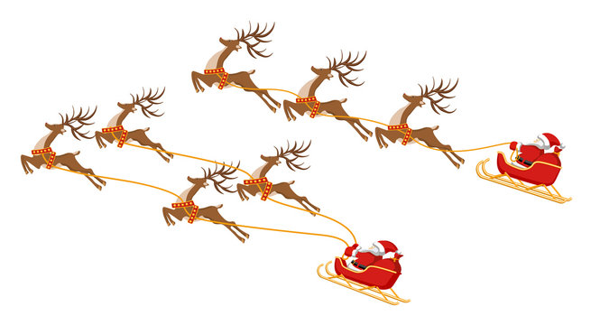 New Year. Christmas. Set. Santa Claus on a sleigh with four and three deer. In color. illustration