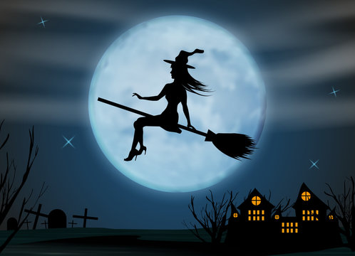 Halloween background. Young witch flying on a broomstick on the background of a full moon over the castle and cemetery. Vector illustration.