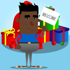 Schoolboy holding a banner with welcome text. Vector cartoon character illustration.