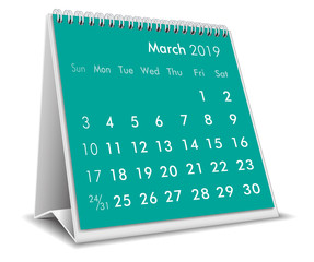 March 2019 3D desktop calendar in white background