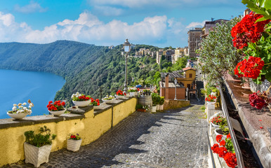 Scenic sight in Castel Gandolfo, with the Albano lake, in the province of Rome, Lazio, central Italy. - obrazy, fototapety, plakaty
