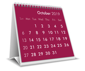 October 2019 3D desktop calendar in white background