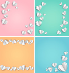 Vector pastel colored decorative card templates with white paper hearts - valentine's day, wedding invitation, save the date