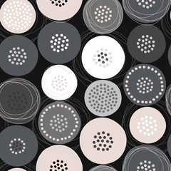 Fototapeta premium Seamless stylish hand drawn pattern with circles and dots. Modern vector illustration. Abstract monochrome background for design, fabric and print.