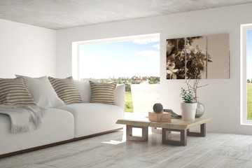 Fototapeta premium Idea of white minimalist room with sofa. Scandinavian interior design. 3D illustration