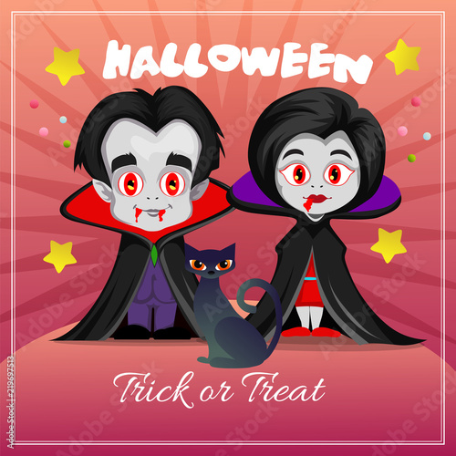 Halloween Theme Card With Dracula Vampire Cartoon Characters Halloween Theme Card With Dracula Vampire Cartoon Characters
