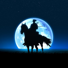 Fototapeta na wymiar Silhouette of a cowboy on a horse against the background of the full moon.