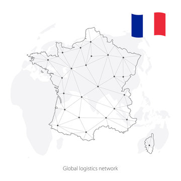 Global logistics network concept. Communications network map France on the world background. Map of France with nodes in polygonal style and flag. Vector illustration EPS10. 
