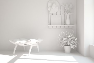 White room with armchair. Scandinavian interior design. 3D illustration