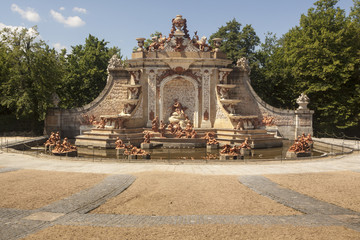 Palace of La Granja de San Ildefonso, Segovia. Spain. Gardens and fountains with light at dawn
