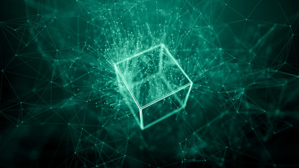 Block chain network concept. Big Data. Background made of line, circles and particles. 4k rendering.