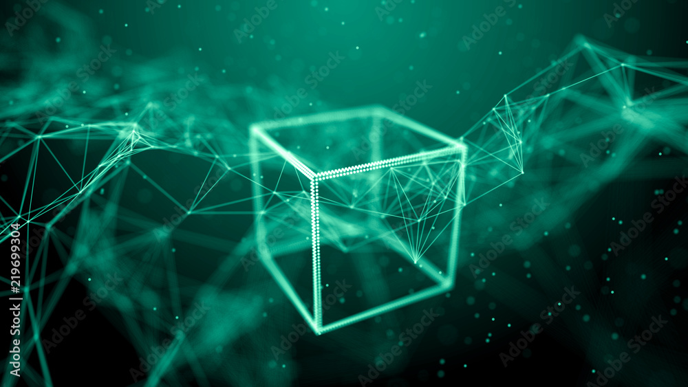 Aufkleber Block chain network concept. Big Data. Background made of line, circles and particles. 4k rendering.