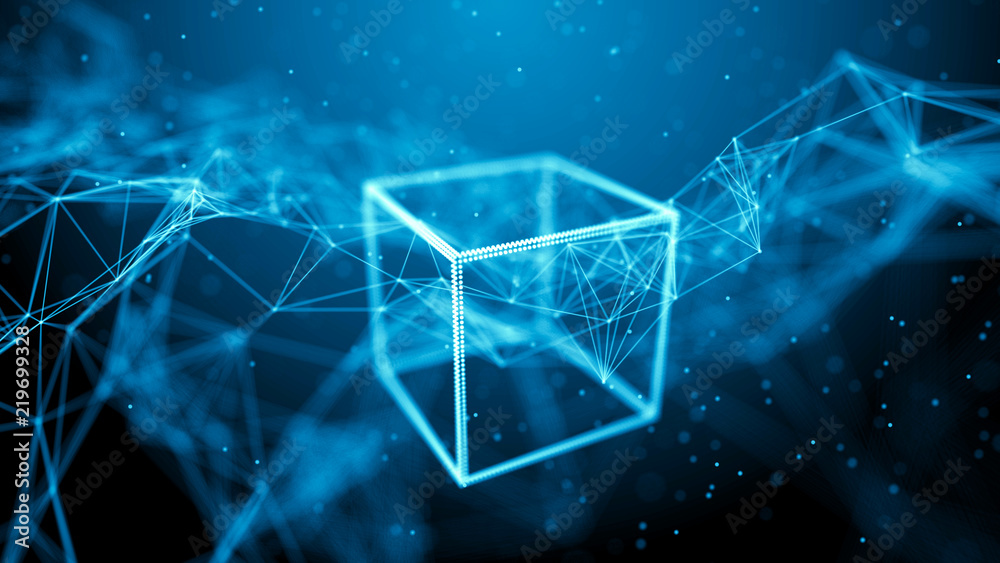 Poster Block chain network concept. Big Data. Background made of line, circles and particles. 4k rendering.