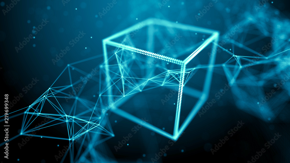 Aufkleber Block chain network concept. Big Data. Background made of line, circles and particles. 4k rendering.