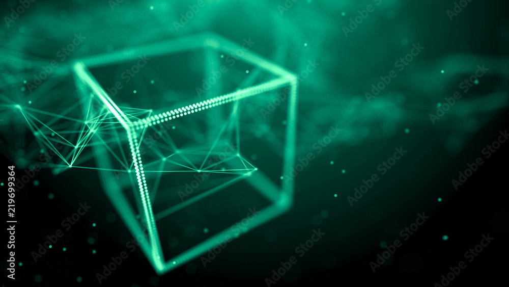 Poster Block chain network concept. Big Data. Background made of line, circles and particles. 4k rendering.