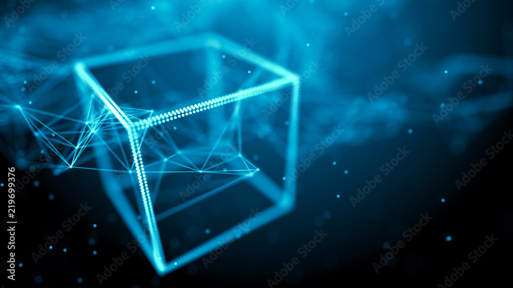 Poster Block chain network concept. Big Data. Background made of line, circles and particles. 4k rendering.