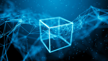 Block chain network concept. Big Data. Background made of line, circles and particles. 4k rendering.
