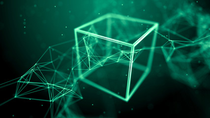 Block chain network concept. Big Data. Background made of line, circles and particles. 4k rendering.