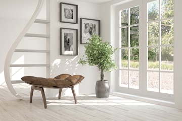 White room with armchair and green landscape in window. Scandinavian interior design. 3D illustration