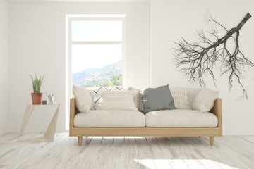 Idea of white minimalist room with sofa. Scandinavian interior design. 3D illustration