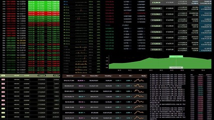 Many different stat screens from the desktop of a cryptocurrency trader.
